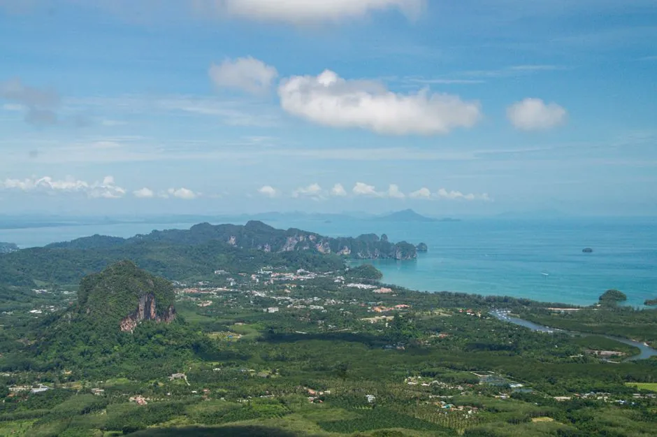 Stunning aerial view of Krabi, Thailand featuring lush greenery and turquoise waters.